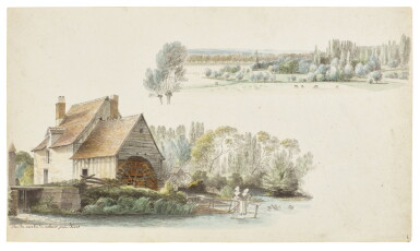 View full screen - View 1 of Lot 135. The Watermill at Valmer, near Tours, with a separate study of a panoramic landscape above.