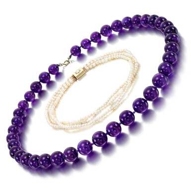 View full screen - View 1 of Lot 244. Amethyst necklace and a pearl necklace.