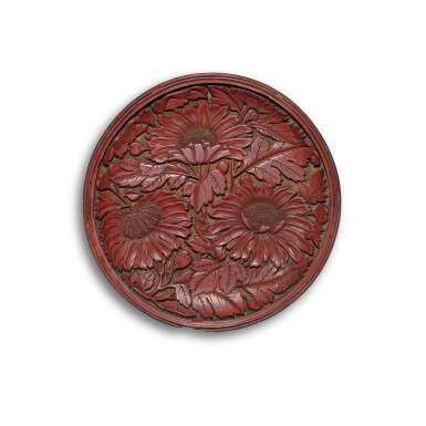 View full screen - View 1 of Lot 200. A finely carved cinnabar lacquer 'chrysanthemum' dish, Yuan dynasty | 元 剔紅雙菊紋盤.