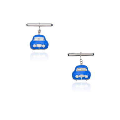 View full screen - View 1 of Lot 433. Pair of Enamel, Sapphire and Diamond Cufflinks.