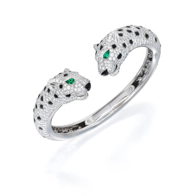 View full screen - View 1 of Lot 88. Cartier | Diamond, Onyx and Emerald 'Panthère' Bracelet, France.