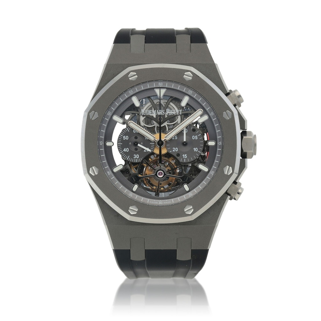 View full screen - View 1 of Lot 112. Royal Oak Tourbillon Chronograph, Ref. 26347TI.GG.D004CA.02.CG Titanium skeletonized tourbillon chronograph wristwatch Circa 2015 | 愛彼 | 26347TI.GG.D004CA.02.CG型號「Royal Oak Tourbillon Chronograph」鈦金屬鏤空陀飛輪計時腕錶,年份約2015.