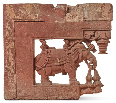 View full screen - View 1 of Lot 455. A MUGHAL CARVED RED SANDSTONE ARCHITECTURAL BRACKET, NORTH INDIA, CIRCA 17TH CENTURY.