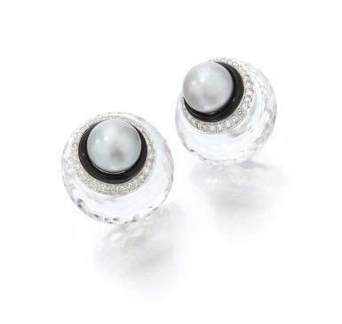 View full screen - View 1 of Lot 127. Pair of rock-crystal, cultured pearl, onyx and diamond earclips (Paio di orecchini in cristallo di rocca, perle coltivate, onice e diamanti).