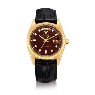 View full screen - View 1 of Lot 2257. Rolex | Day-Date "Stella", Reference 1803, A pink gold and diamond-set wristwatch with day, date and oxblood "Stella" dial, Circa 1977 | 勞力士 | Day-Date "Stella" 型號1803 粉紅金鑲鑽石腕錶,備日期、星期顯示及紅色 "Stella" 錶盤,約1977年製.