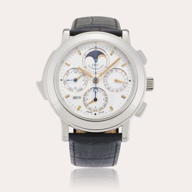 View full screen - View 1 of Lot 214. Reference 3770 Grande Complication | A limited edition platinum minute repeating perpetual calendar chronograph wristwatch with moon phases and year indication, Circa 1993.