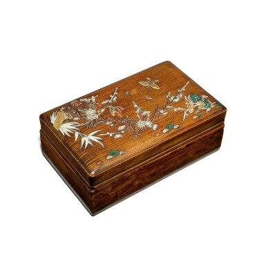 View full screen - View 1 of Lot 122. An embellished 'huanghuali' box and cover, Qing dynasty, 17th / 18th century | 清十七 / 十八世紀 黃花梨嵌寶花蝶圖蓋盒.