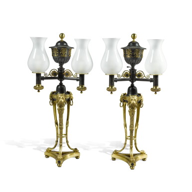 View full screen - View 1 of Lot 103. A pair of Regency gilt- and patinated-brass colza 'Patent' lamps, circa 1812, attributed to Smethurst and Paul.