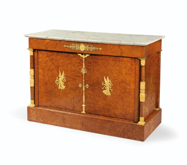 View full screen - View 1 of Lot 138. AN EMPIRE ASH BURR COMMODE, STAMPED MAIGRET | COMMODE À PORTES EN PACAGE DE LOUPE FRÊNE D'ÉPOQUE EMPIRE, ESTAMPILLÉE MAIGRET.