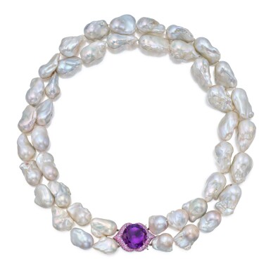 View full screen - View 1 of Lot 378. Baroque Cultured Pearl, Amethyst, Pink Sapphire and Purple Sapphire Necklace.