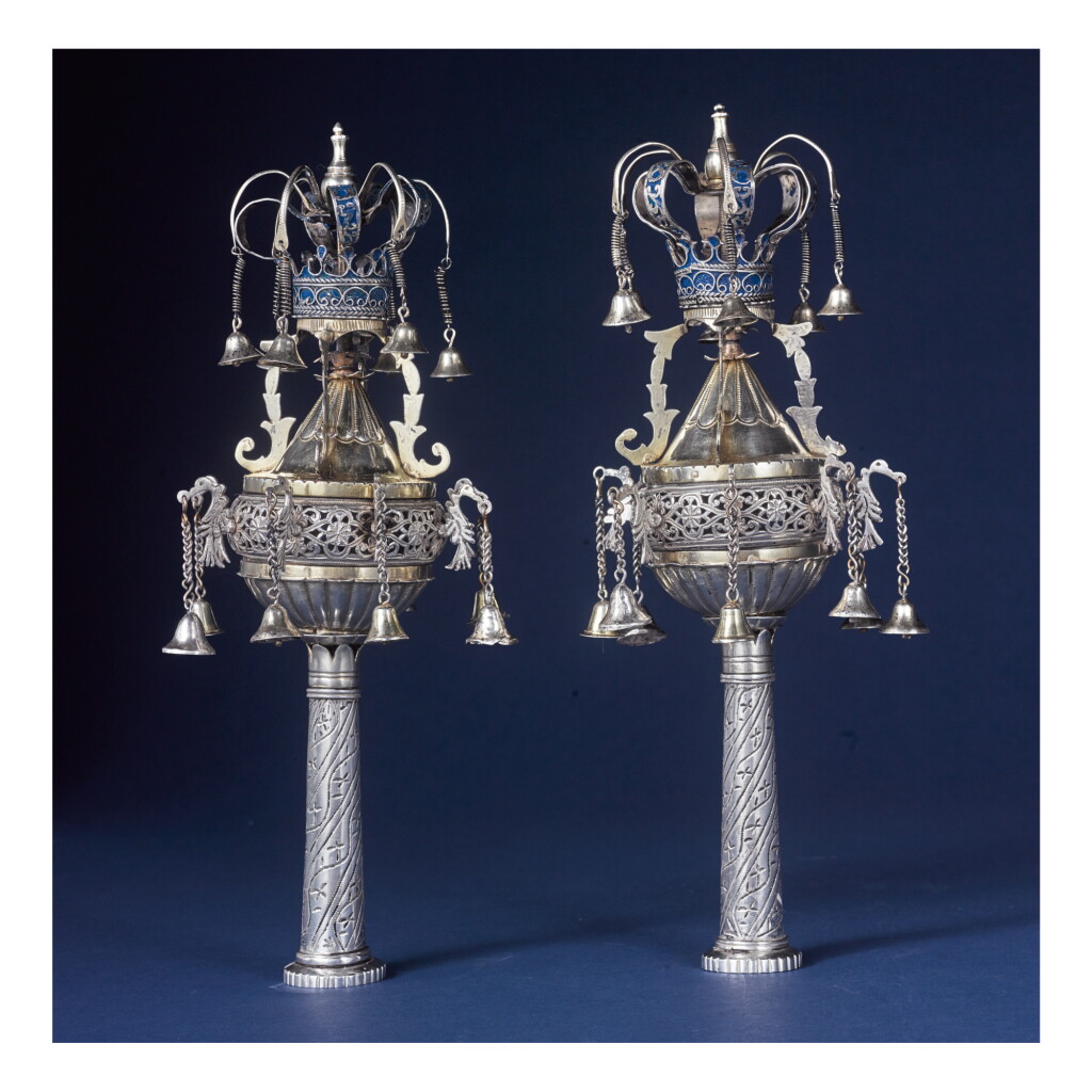View full screen - View 1 of Lot 55. A PAIR OF MOROCCAN PARCEL-GILT SILVER TORAH FINIALS, CIRCA 1930.