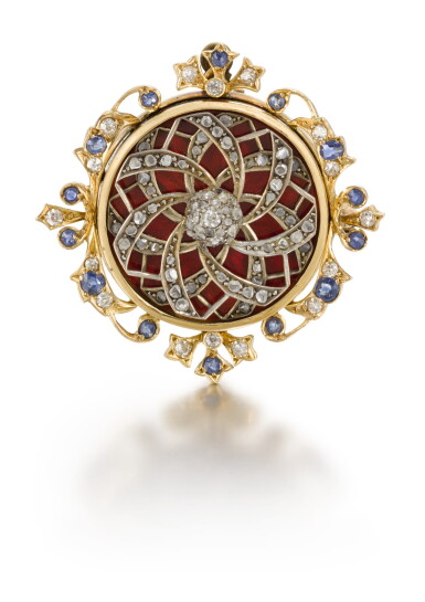 View full screen - View 1 of Lot 70. SWISS | A GOLD, ENAMEL, DIAMOND AND SAPPHIRE-SET AUTOMATON PENDANT-BROOCH, MADE FOR THE CHINESE MARKET CIRCA 1880.