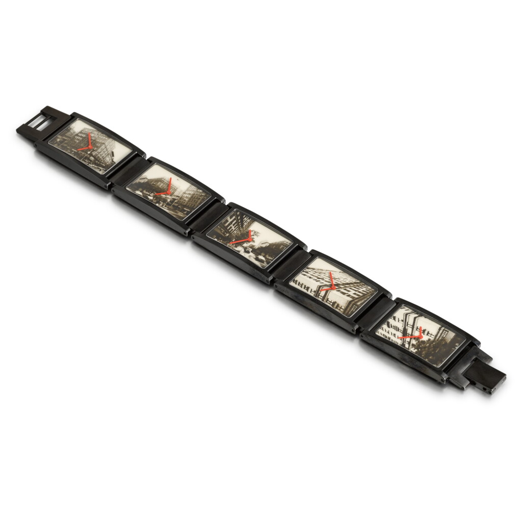 View full screen - View 1 of Lot 249. Andy Warhol | A blackened stainless steel five time zone bracelet watch | Circa 1988.