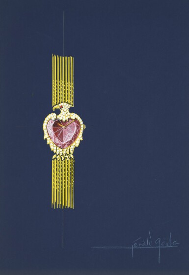 View full screen - View 1 of Lot 23. An original prototype design featuring an eagle, painted by Gérald Genta, with accompanying NFT, Circa 1984 | 傑洛・尊達 一幅以鷹為主題的原型設計圖,由傑洛・尊達繪製並附帶 NFT 証書,約1984年製.