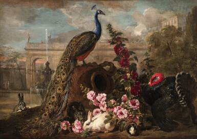View full screen - View 1 of Lot 19. Still life with rabbits, a guinea pig, a turkey and a peacock standing on an urn, palace grounds beyond.