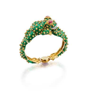 View full screen - View 1 of Lot 420. Gold, Enamel, Ruby and Diamond Bracelet.