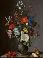 Flowers in a vase on a stone ledge, with redcurrants and shells | 《靜物:石架上的瓶花、紅加侖子與貝殼》