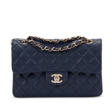 View full screen - View 1 of Lot 77. Navy Quilted Grained Calfskin Small Classic Double Flap Bag Pale Gold Hardware, 2021.