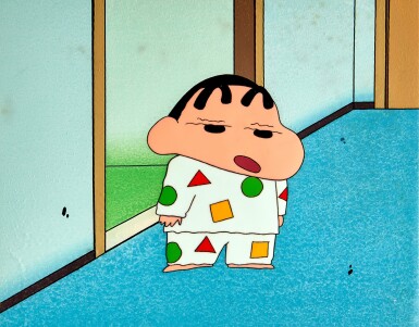 View full screen - View 1 of Lot 93. Shin-chan in Pajamas Animation Cels with Hand-painted Background | 穿睡衣的小新賽璐璐,附手繪原裝背景.
