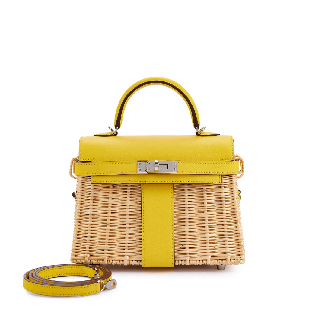 View full screen - View 1 of Lot 9650. Limited Edition Jaune de Naples Swift and Osier Wicker Picnic Mini Kelly II 20 Palladium Hardware, 2020.