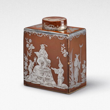 View full screen - View 1 of Lot 18. A Meissen brown-glazed Hausmaler rectangular tea canister and cover, Circa 1730-35, the decoration slightly later.