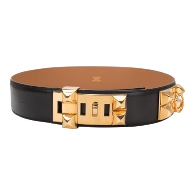 View full screen - View 1 of Lot 67. Hermès Collier de Chien Wide Medor Belt 82cm of Black Calfskin with Gold Plated Hardware.