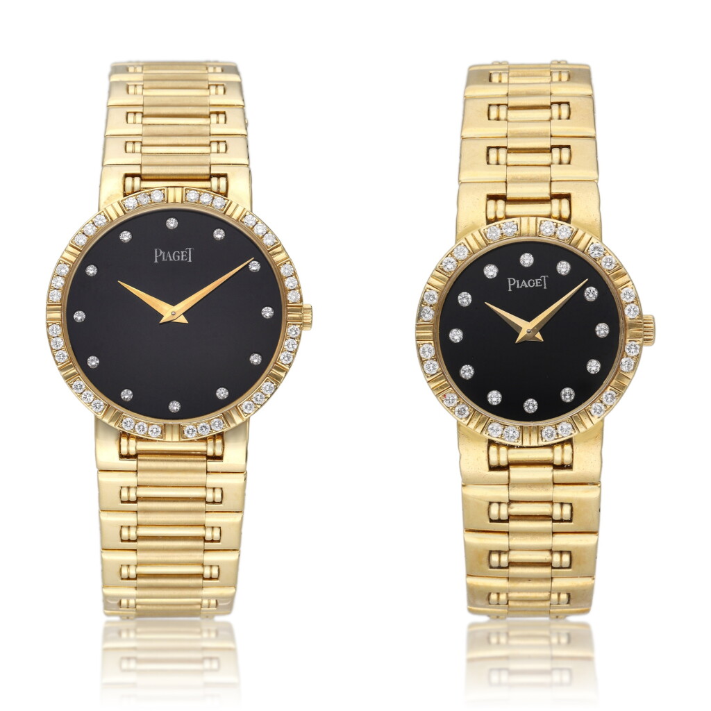 View full screen - View 1 of Lot 348. Reference 84024 and 80564 Dancer | A pair of yellow gold and diamond-set bracelet watches.