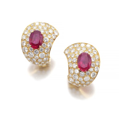 View full screen - View 1 of Lot 163. VAN CLEEF & ARPELS | PAIR OF RUBY AND DIAMOND EAR CLIPS.