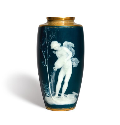 View full screen - View 1 of Lot 336. A MINTONS PÂTE-SUR-PÂTE PEACOCK-BLUE-GROUND VASE, CIRCA 1895.
