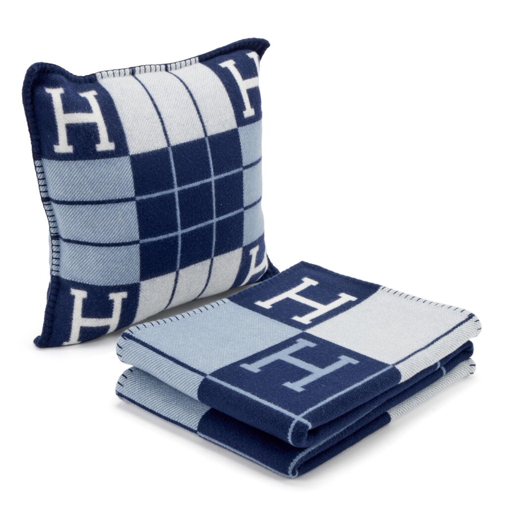 View full screen - View 1 of Lot 173. Bleu Caban and Ecru Merino Wool and Cashmere Avalon III Blanket and Pillow.
