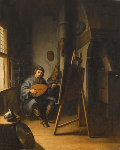 View full screen - View 1 of Lot 136. A figure playing a lute in an interior.