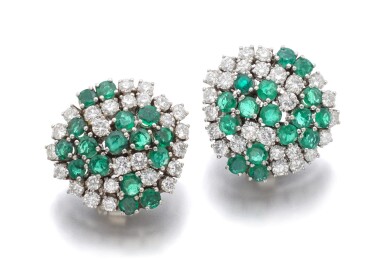 View full screen - View 1 of Lot 99. PAIR OF EMERALD AND DIAMOND EARRINGS.