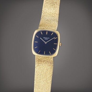 View full screen - View 1 of Lot 65. Reference 3566 1 Golden Ellipse | A yellow gold cushion shaped bracelet watch, Circa 1980.