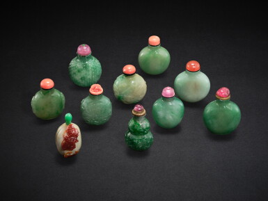 View full screen - View 1 of Lot 3429. Ten jadeite snuff bottles, Qing dynasty, 19th century | 清十九世紀 翠玉鼻煙壺 一組十件.