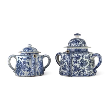 View full screen - View 1 of Lot 519. TWO DUTCH DELFT BLUE AND WHITE POSSET POTS AND COVERS, EARLY 18TH CENTURY.