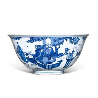 View full screen - View 1 of Lot 31. A rare blue and white' immortals' bowl, Mark and period of Wanli.