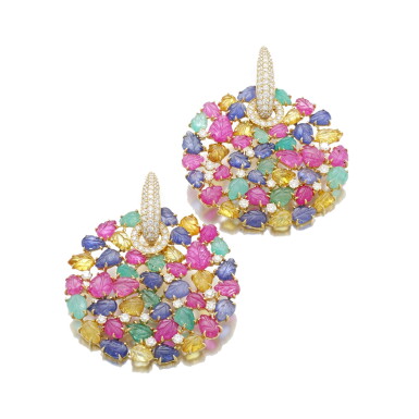 View full screen - View 1 of Lot 37. MICHELE DELLA VALLE | PAIR OF GEM SET AND DIAMOND EARRINGS.
