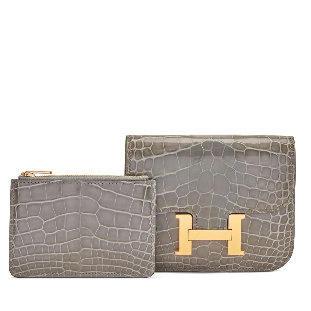 View full screen - View 1 of Lot 146. Gris Ciment Shiny Mississippiensis Alligator Constance Slim Wallet Gold Hardware, 2024.