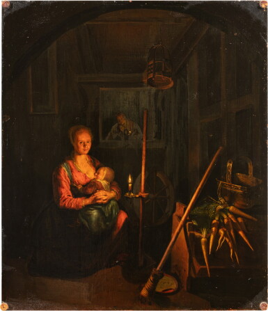 View full screen - View 1 of Lot 75. Attributed to Domenicus van Tol, A mother and her child in an interior by candlelight | Attribué à Domenicus van Tol, Une mère et son enfant dans un intérieur éclairé à la bougie.