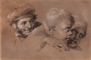 View full screen - View 1 of Lot 289. Recto: Three studies of Heads: two children and a sailor; Verso: A family embracing | Recto: Trois études de têtes : deux enfants et un marin; Verso: Une famille s'embrassant.