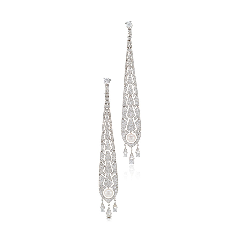 View full screen - View 1 of Lot 515. Pair of Cultured Pearl and Diamond 'Monica Bellucci' Pendent Earrings.