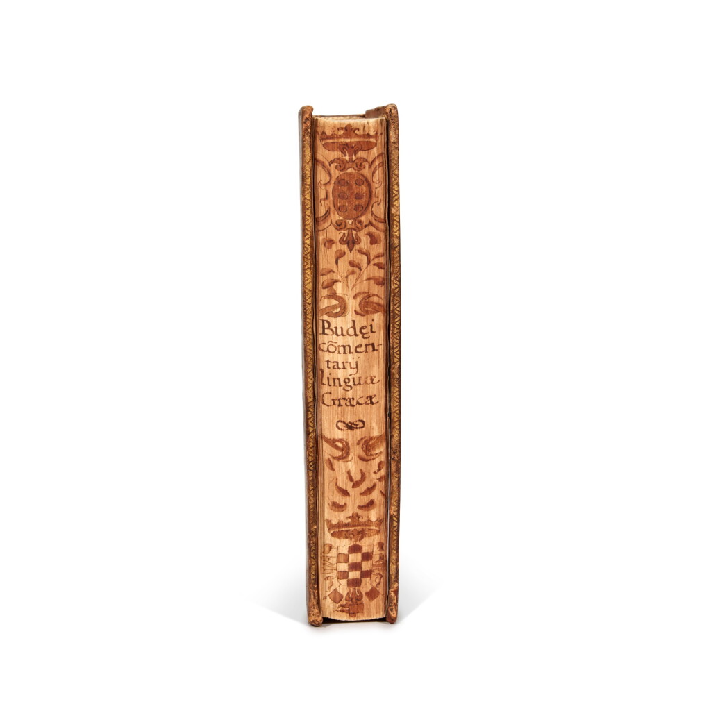 View full screen - View 1 of Lot 1044. Budé, Commentarii linguae Graecae, Cologne, 1530, later marbled calf with fore-edge decoration, Gómez Dávila y Toledo copy.