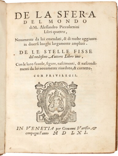 View full screen - View 1 of Lot 43. Piccolomini | Della sfera del mondo, Venice, 1561, later vellum.
