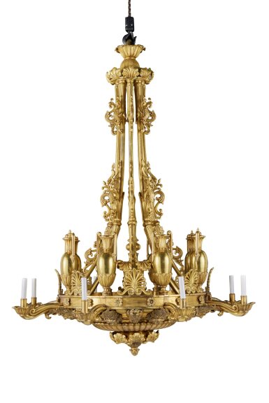 View full screen - View 1 of Lot 114. A Regency Gilt and Lacquered Brass Eight Light Chandelier, Attributed to William Collins, Circa 1820-1830.