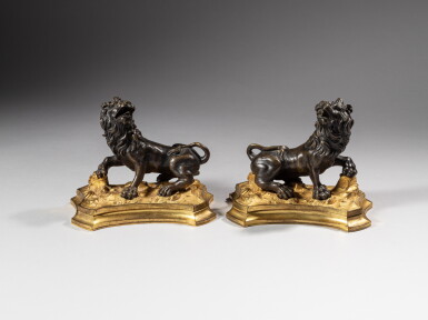 View full screen - View 1 of Lot 435. A pair of Louis XV patinated and gilt-bronze paper weights, circa 1750 | Paire de plaques à papier en bronze patiné et doré d'époque Louis XV, vers 1750.