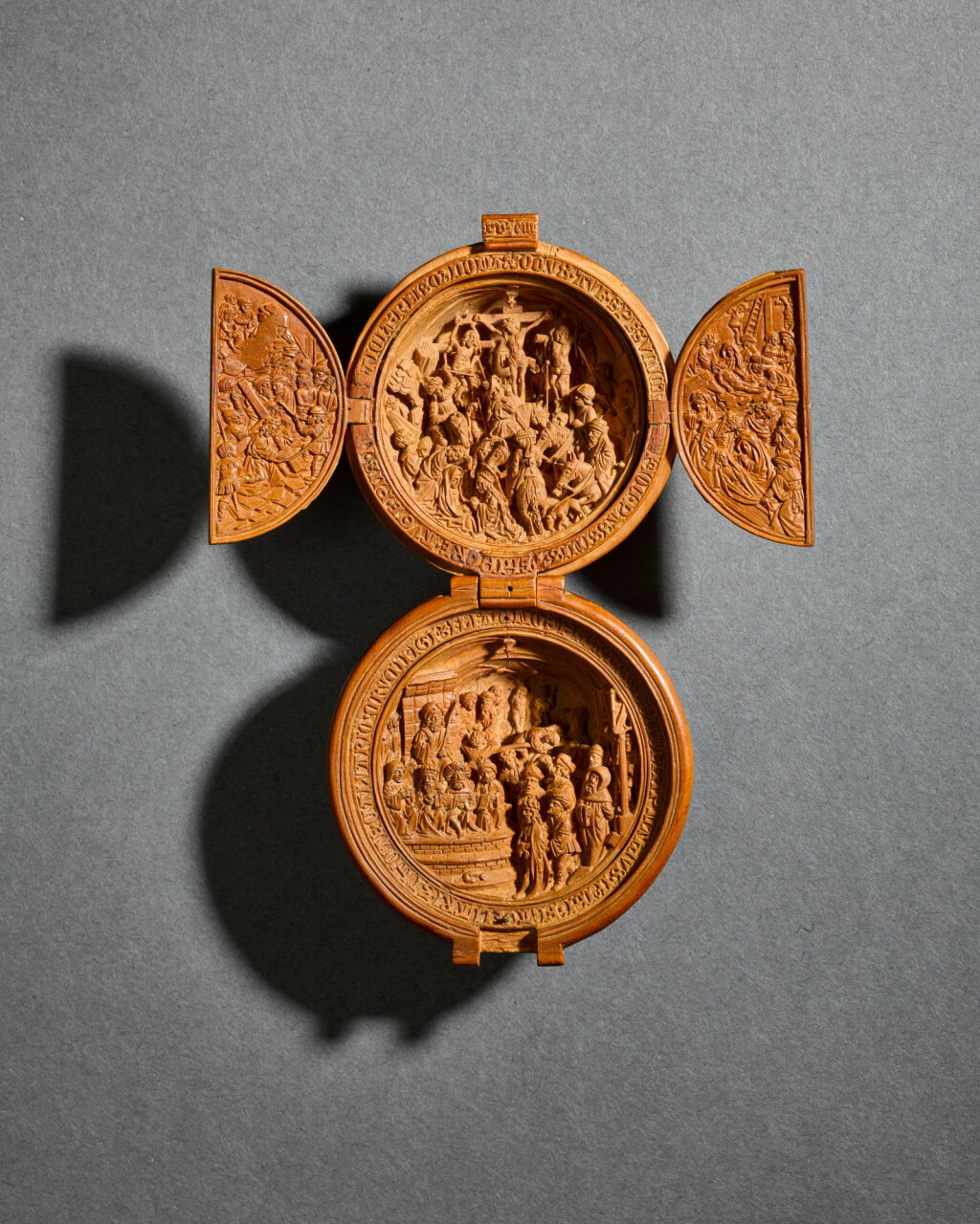 View full screen - View 1 of Lot 9. Polyptych Prayer Nut with the Crucifixion and Christ before Pilate.