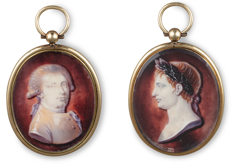 View full screen - View 1 of Lot 98. Two French oval miniatures on ivory representing Napoleon I and a man wearing a wig on a red background, Charles de Chatillon, Paris, circa 1805 | Ensemble de deux miniatures ovales sur ivoire représentant Napoléon Ier et un homme portant une perruque sur fond rouge par Charles de Chatillon, Paris, vers 1805.