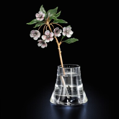 View full screen - View 1 of Lot 405. A rare and impressive Fabergé jewelled gold-mounted guilloché enamel, rock crystal and nephrite model of an apple blossom, St Petersburg, circa 1900.