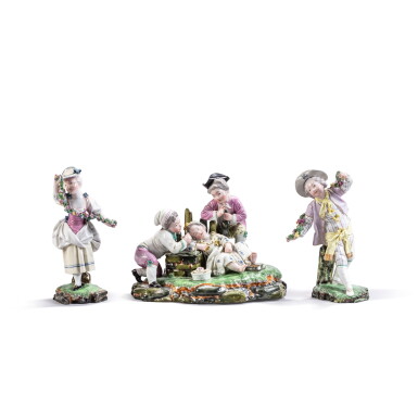 View full screen - View 1 of Lot 773. A Höchst porcelain figure group of children, ‘Der gestӧrte Schlummer’ and a pair of figures of child dancers, circa 1770.