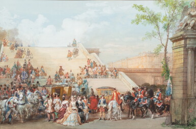 View full screen - View 1 of Lot 196. Louis XIV and his court at Versailles climbing the 100 steps | Louis XIV et sa cour à Versailles montant les 100 marches.